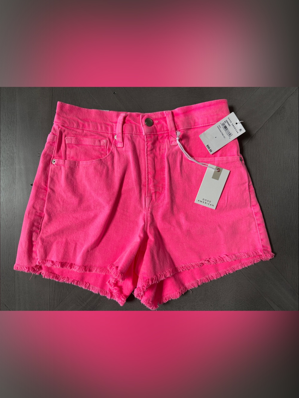 Good American 90s Neon Pink Frayed Hem Denim Shorts